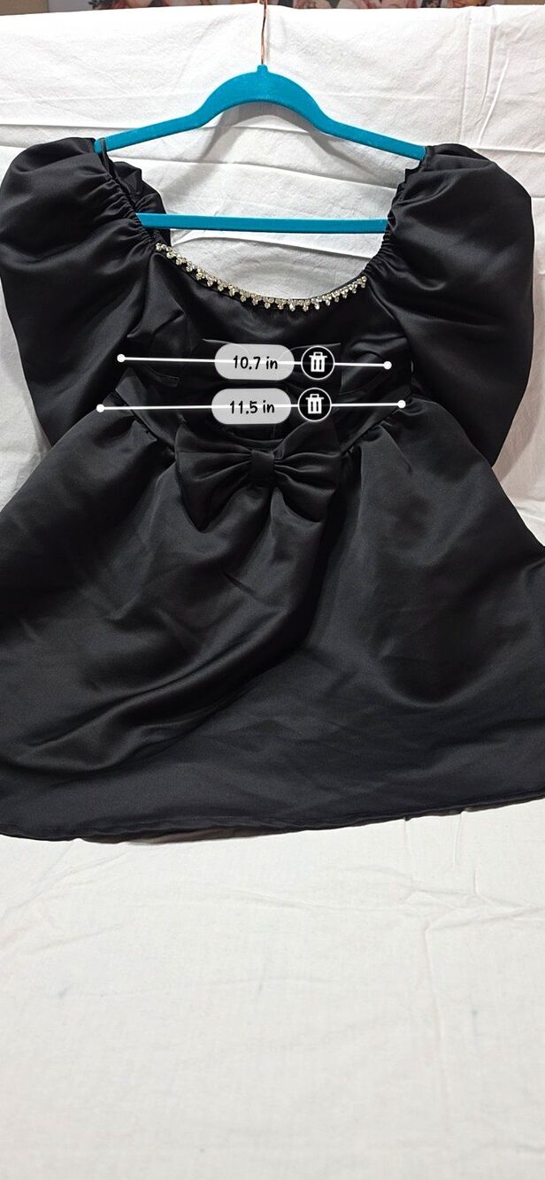 SHEIN Black Satin Solid Square Neck Puff Sleeve Bow Rhinestone Mini Dress XS
